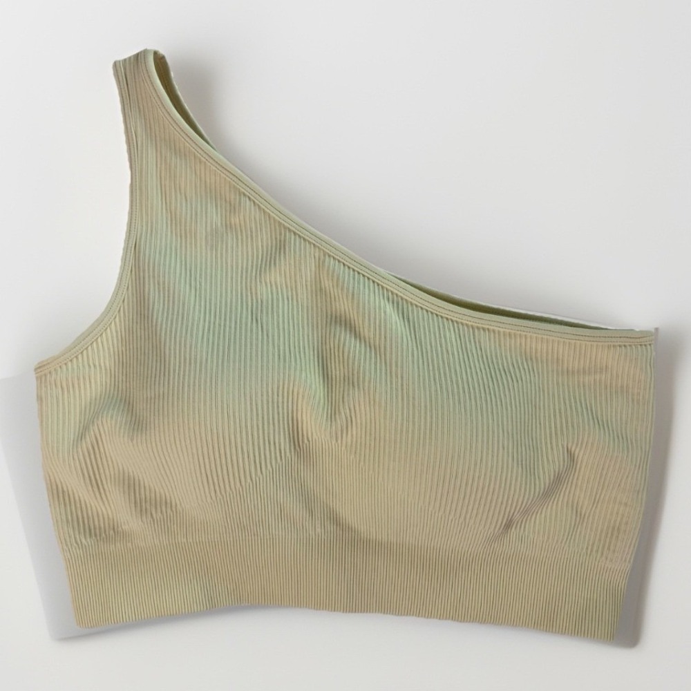 OQQ One Shoulder Sports Bra Womens Large cream Ribbed Asymmetrical Yoga Pilates